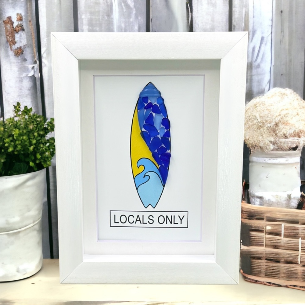 Sea Glass Art Surfboard Best Friend Gift| Locals Only Surfer Seaglass Decor - Picture 1 of 8